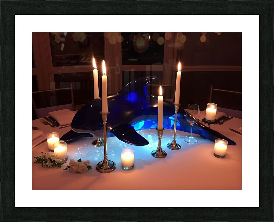 The dolphin with candles on the table is amazing and beautiful Picture Frame print