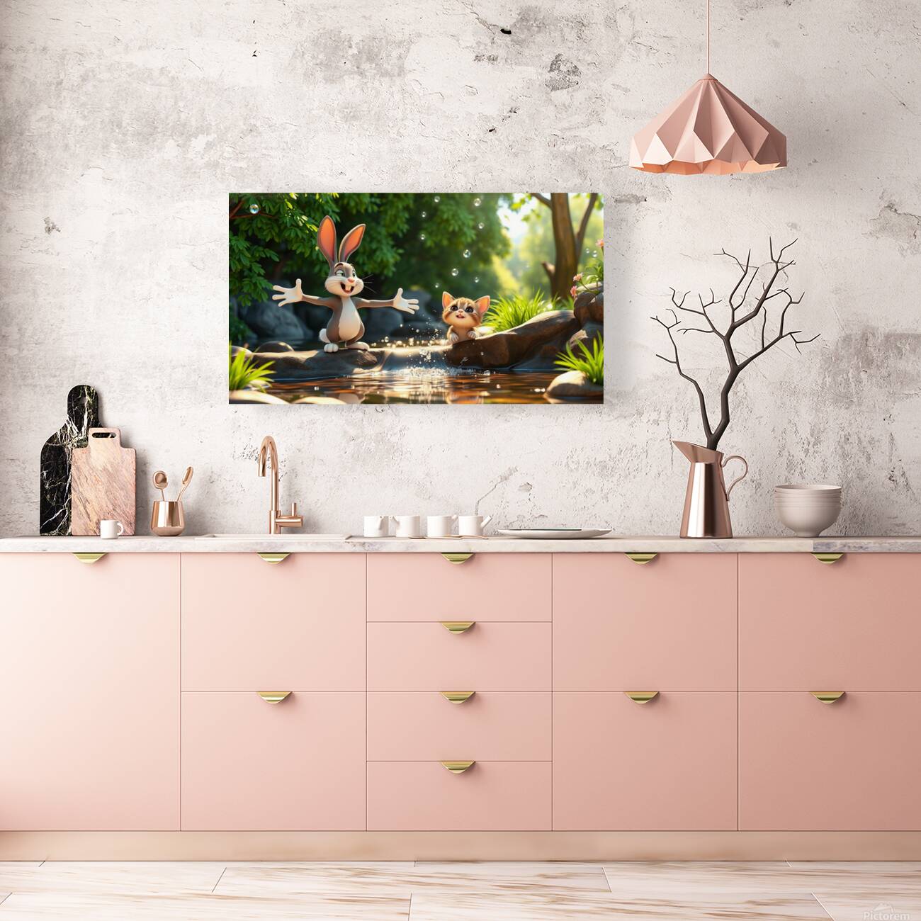 The rabbit teaches the kitten to swim Reproduction