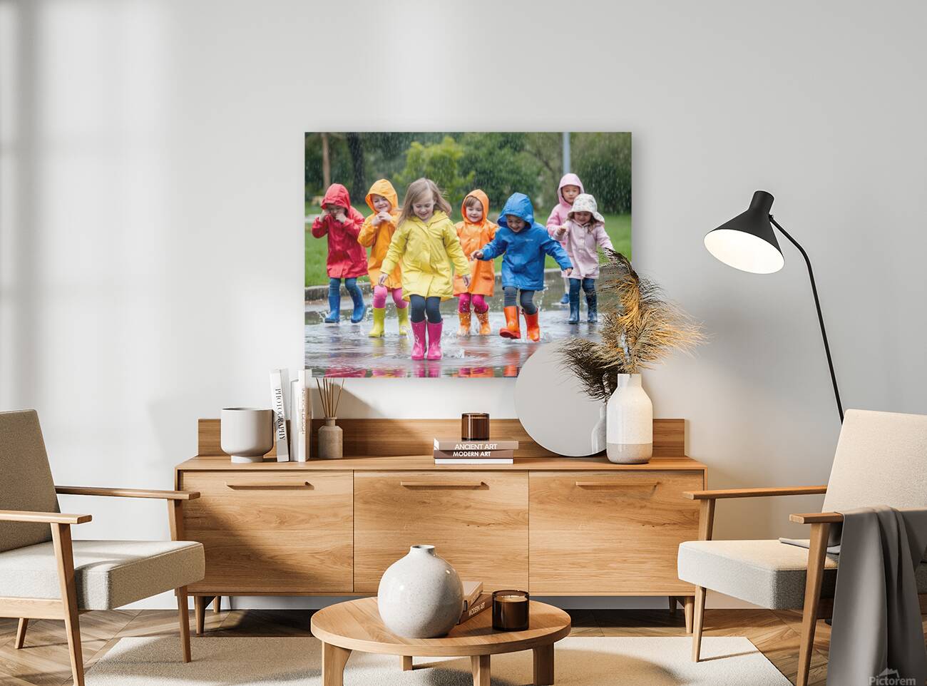 A Group of Children Playing in the Rain Jumping in Puddles Reproduction