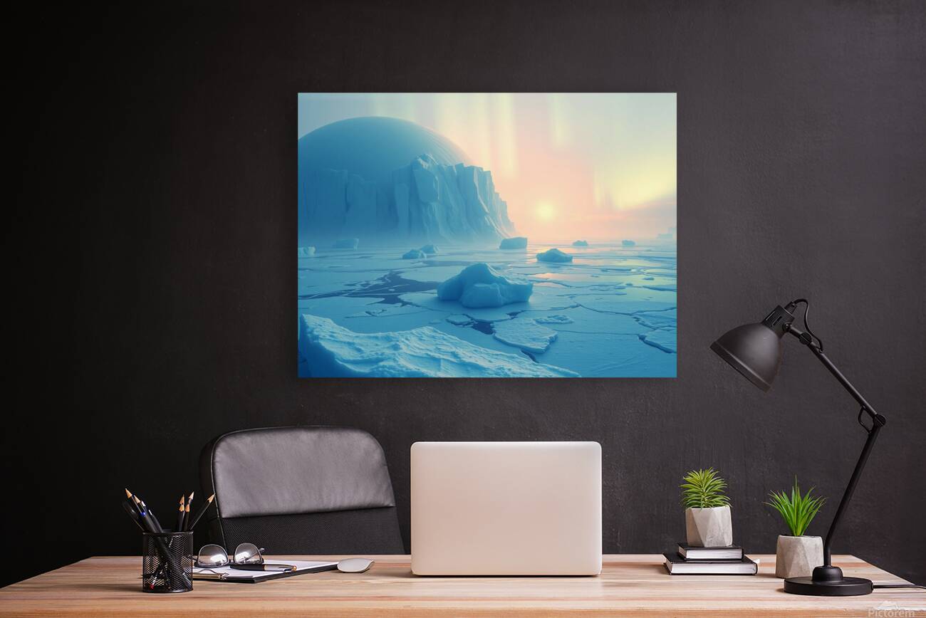 An Ice Planet with Frozen Oceans and Floating Icebergs Reproduction