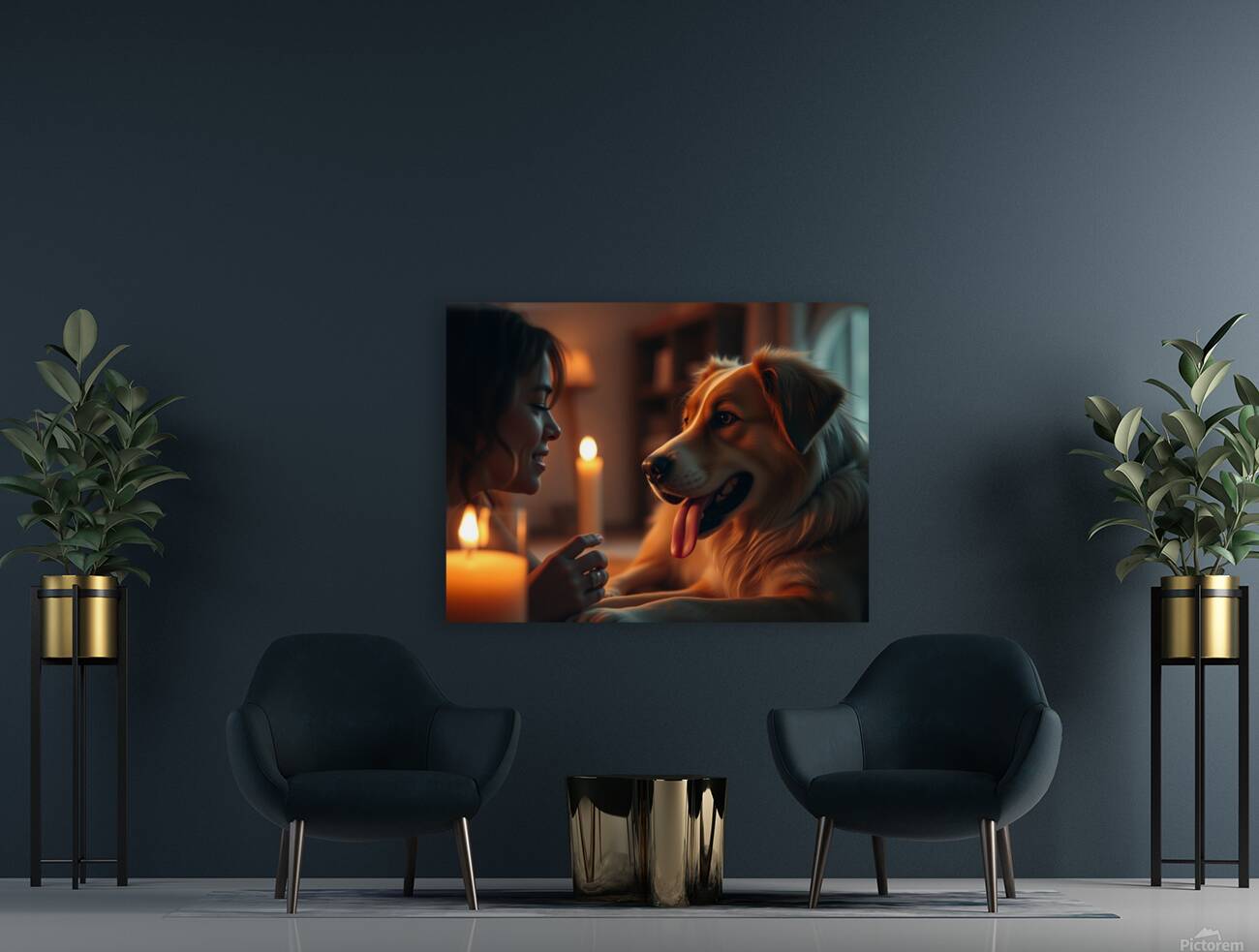 A cinematic still of a dog family scene with warm Reproduction