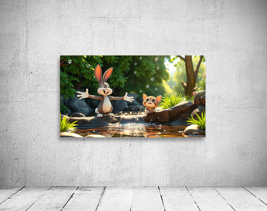 The rabbit teaches the kitten to swim Wall Preview