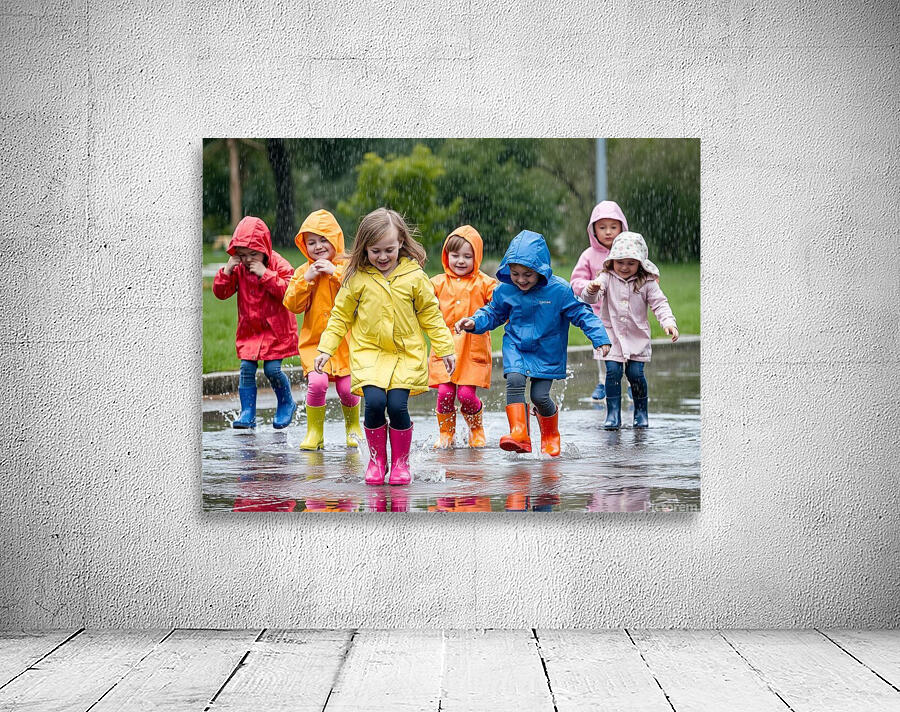A Group of Children Playing in the Rain Jumping in Puddles Wall Preview