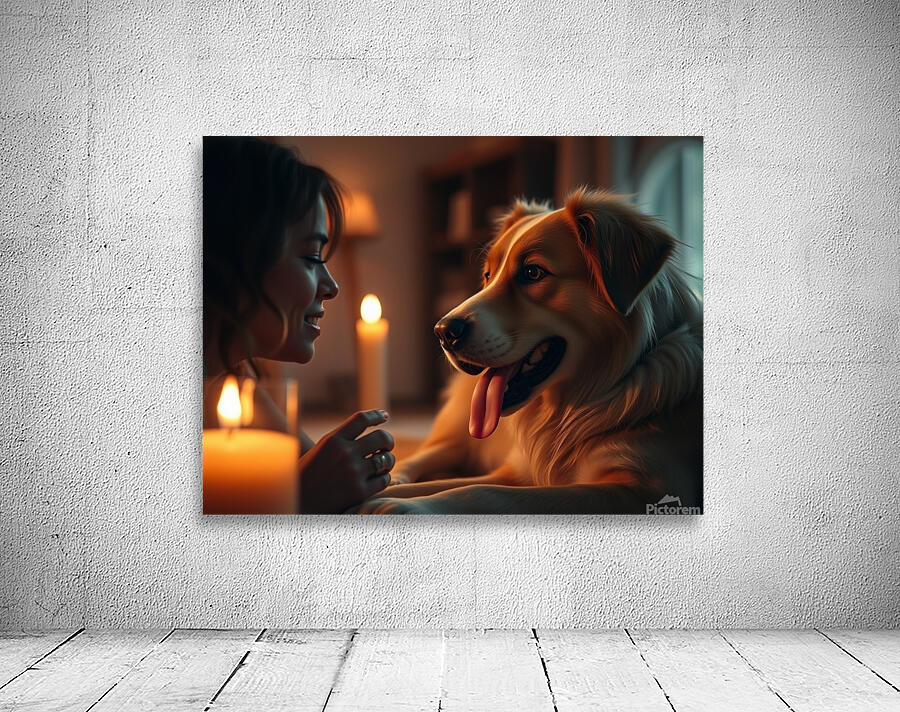 A cinematic still of a dog family scene with warm Wall Preview