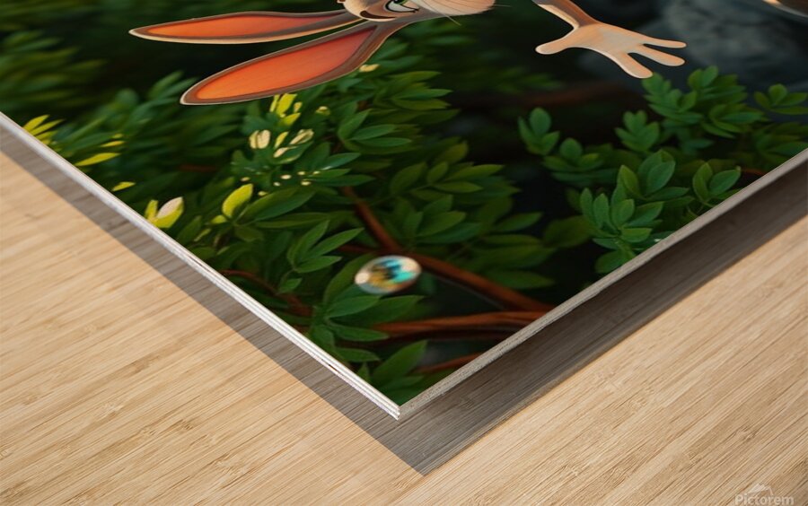 The rabbit teaches the kitten to swim Wood print