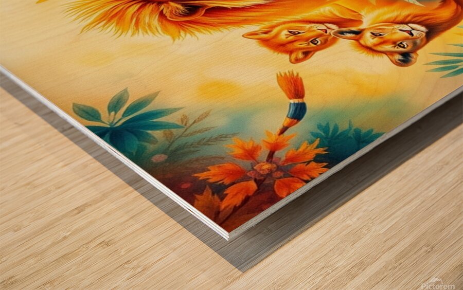 A vibrant watercolor painting depicting a group o Wood print