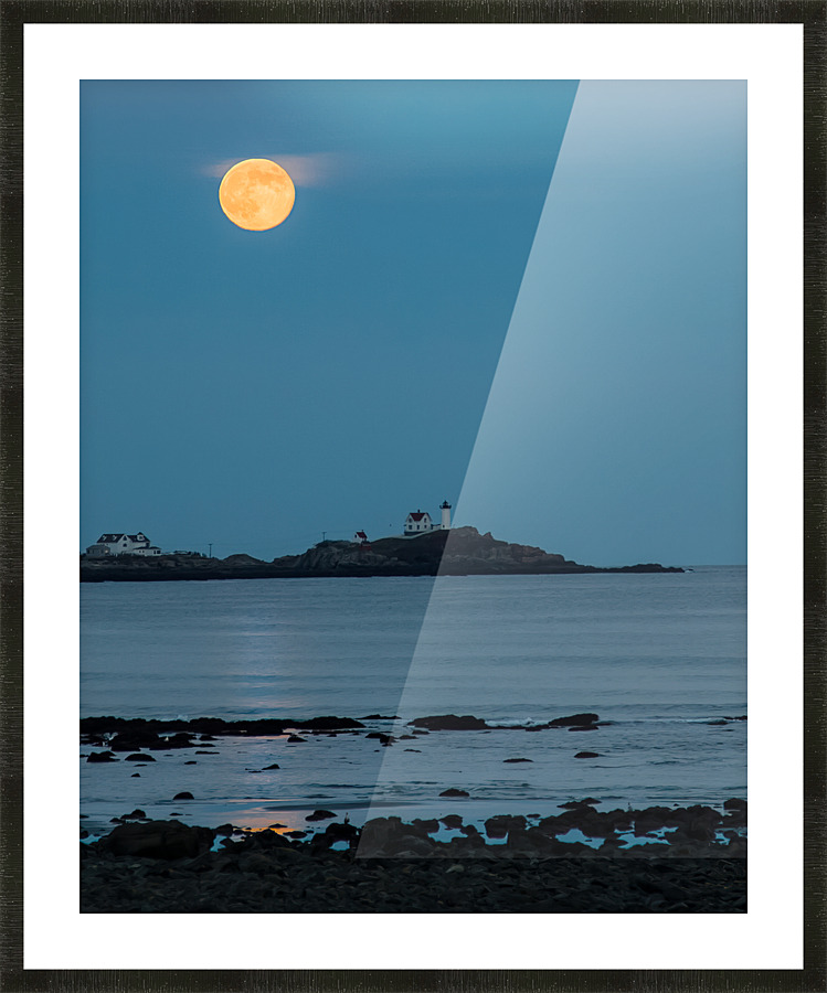 Nubble lighthouse under full moon Picture Frame print