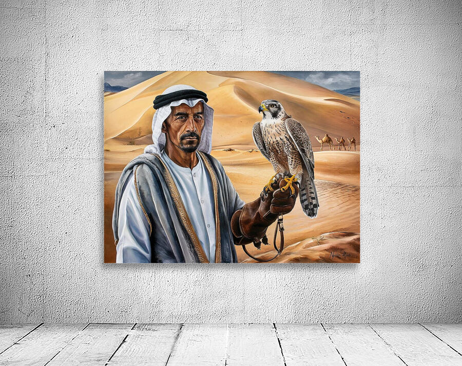a painting of a arabic man holding a falcon in his hand in the