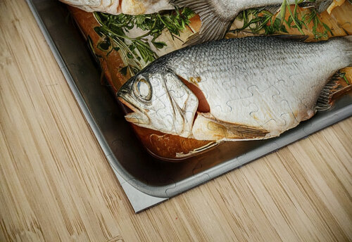 A rectangular baking tray filled with fresh fish Romeu Hurmuzache puzzle