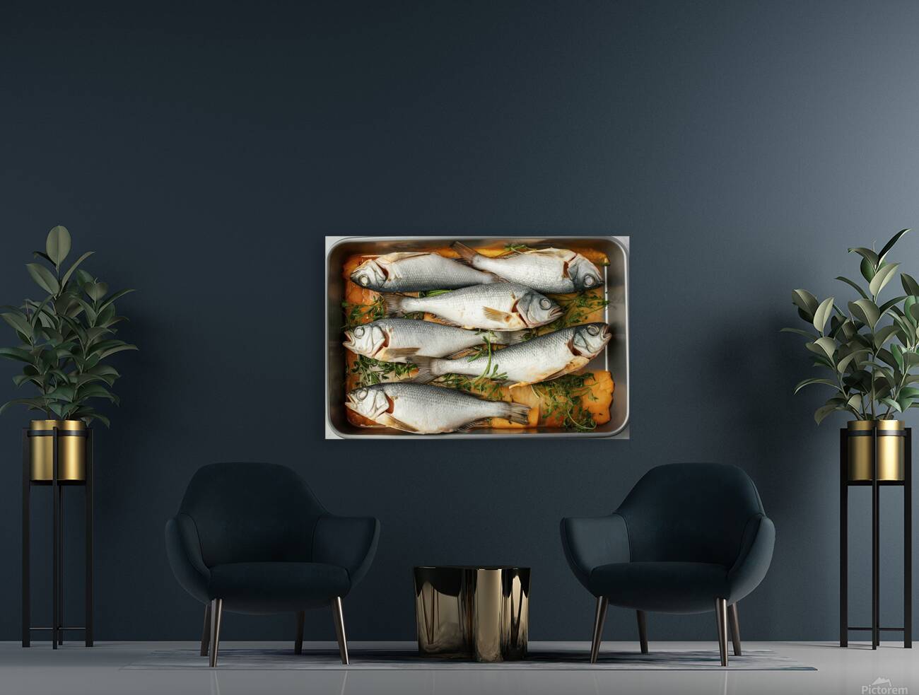 A rectangular baking tray filled with fresh fish Reproduction