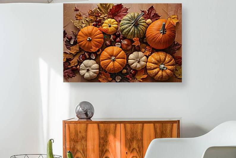 Top view of autumn pumpkins and dried leaves with by Romeu Hurmuzache