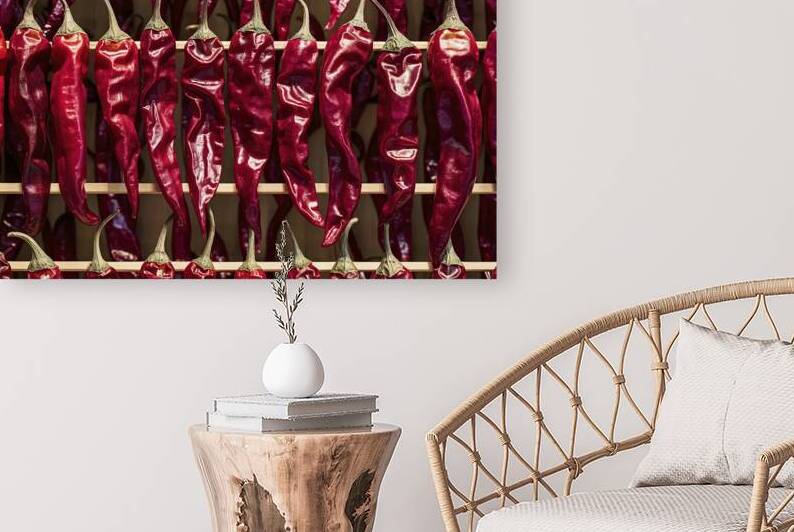A close up view of dried red chili peppers hangin by Romeu Hurmuzache