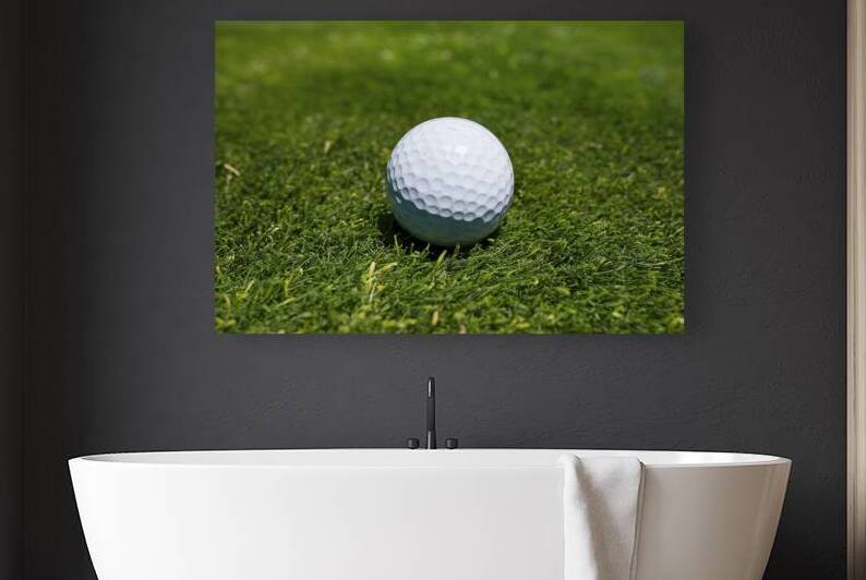 A close up view of a golf ball placed on a lush g by Romeu Hurmuzache