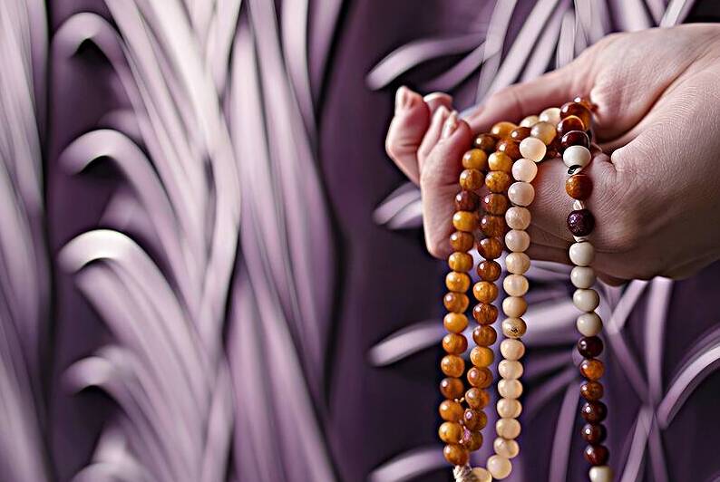 A close up of a hand clasping a string of beads c by Romeu Hurmuzache