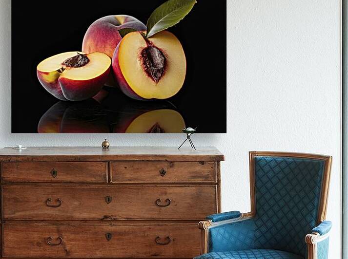 A freshly cut peach with its juicy yellow flesh e by Romeu Hurmuzache