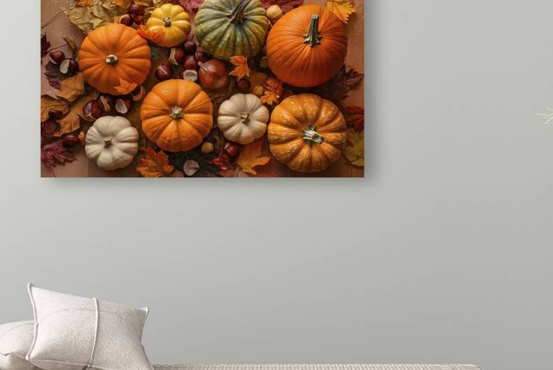 Top view of autumn pumpkins and dried leaves with by Romeu Hurmuzache