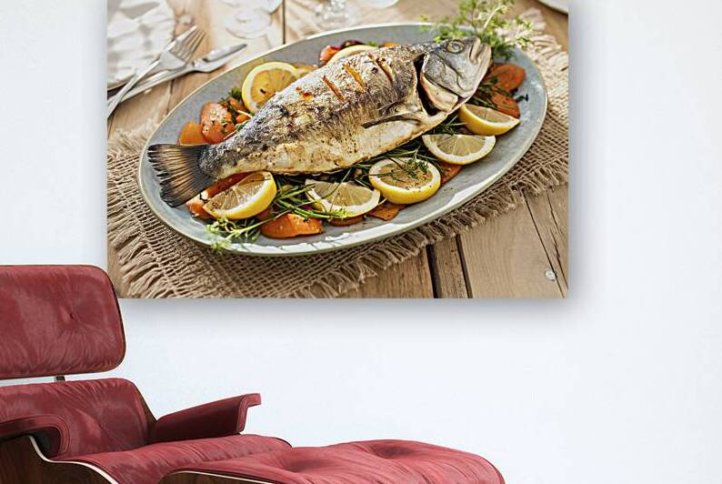 A plate of grilled or baked fish presented on a r by Romeu Hurmuzache