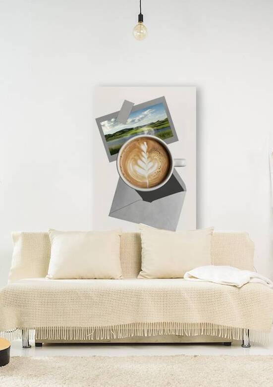Top view over coffee cup and gray postcard with e by Romeu Hurmuzache