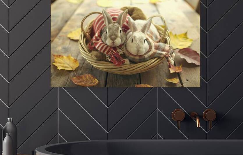 Two rabbits nestled in a woven basket 3 by Romeu Hurmuzache