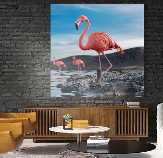 a 3d render of a flamingo wearing a boot BNMT0dcL by Asmaya