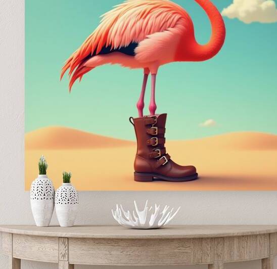 Flux Dev A vibrant pink flamingo stands on one le by Asmaya