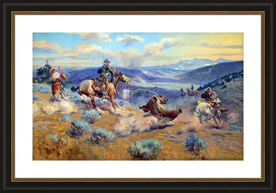 Cowboys Capturing A Bear Picture Frame print