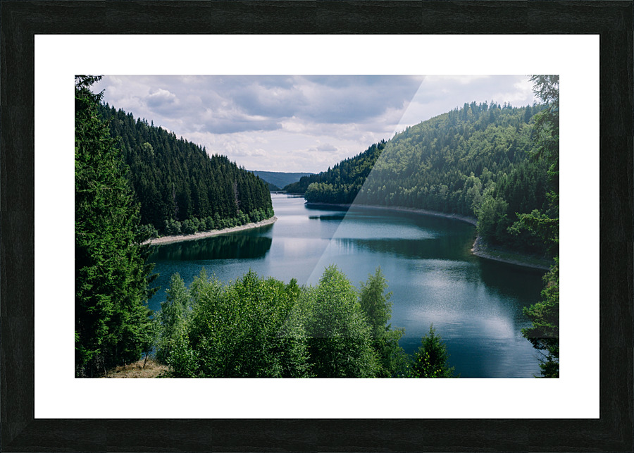 river surrounded by forests cloudy sky thuringia germany Picture Frame print