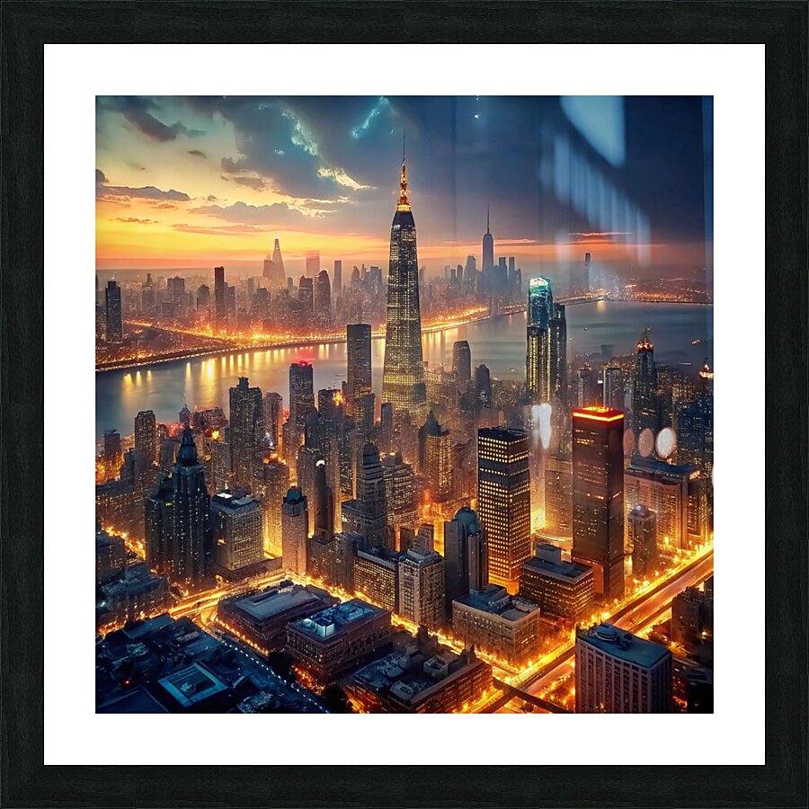 Aerial view of New York Cityilluminated Picture Frame print