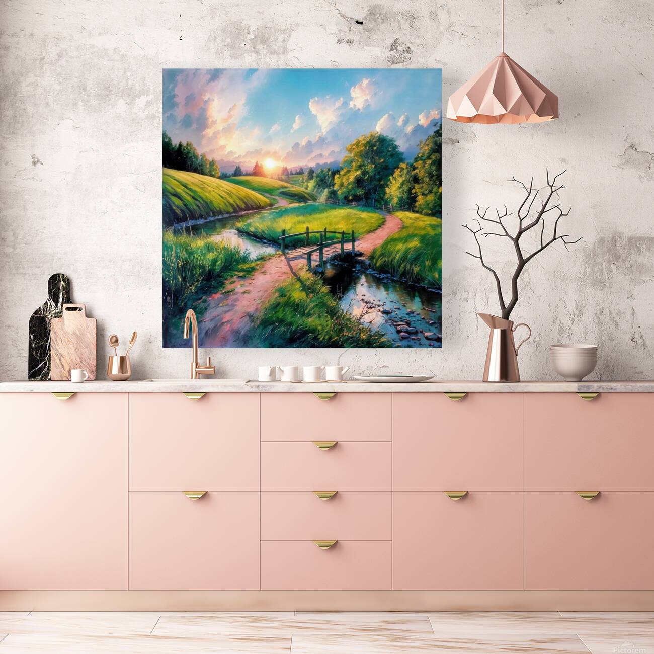 Rural wooden bridge landscape Reproduction