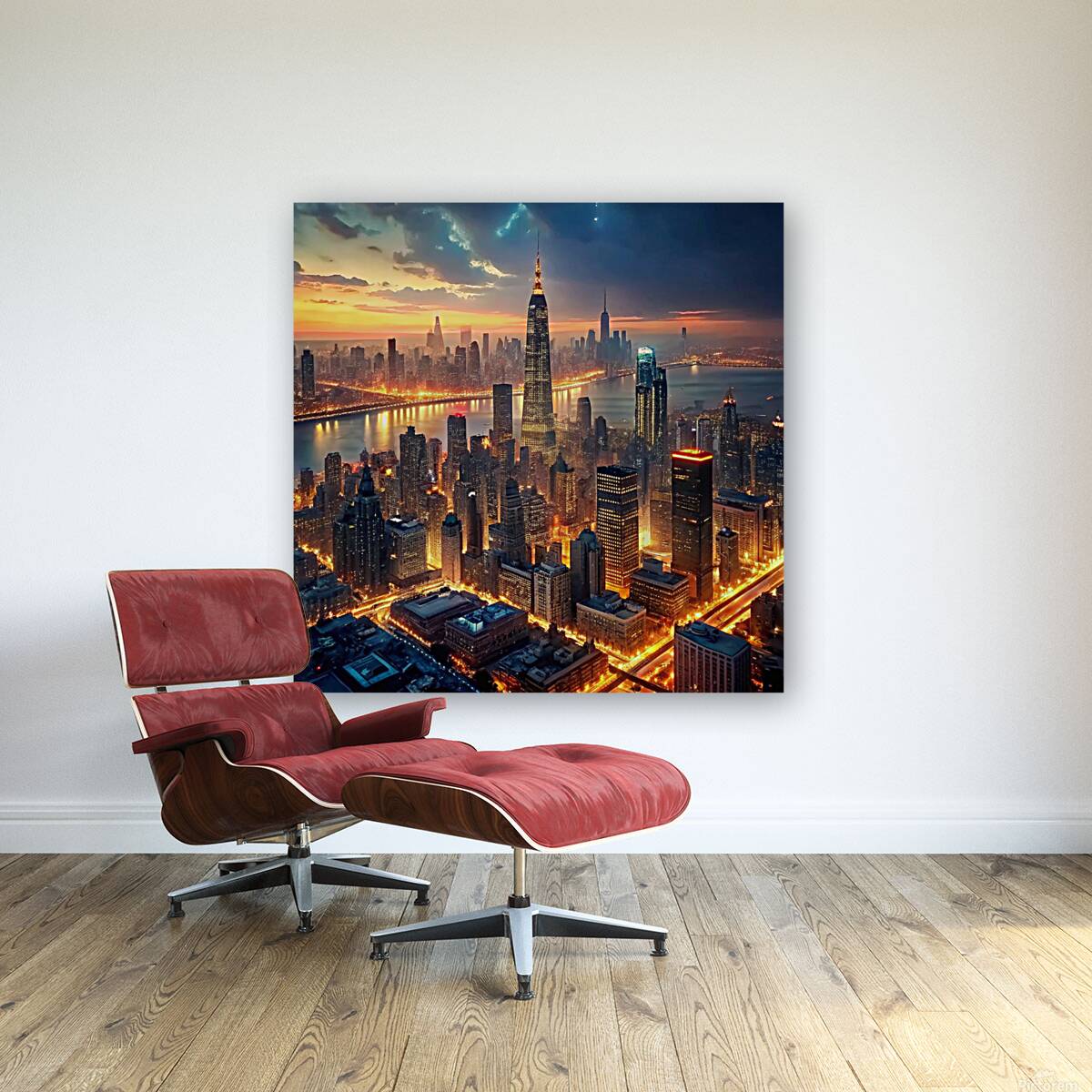 Aerial view of New York Cityilluminated Reproduction