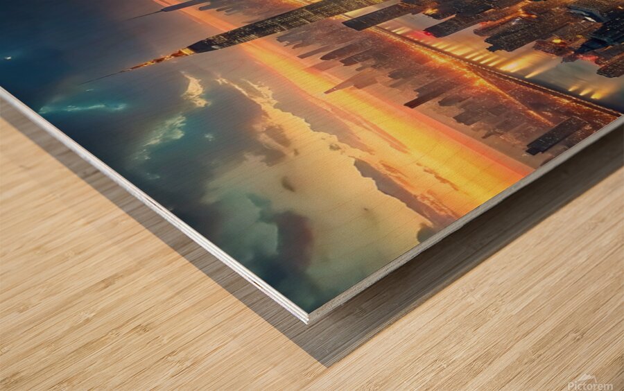 Aerial view of New York Cityilluminated Wood print