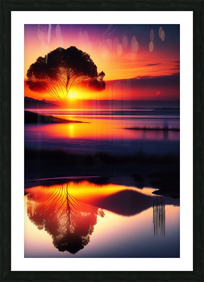 tree is reflected lake sunset Picture Frame print