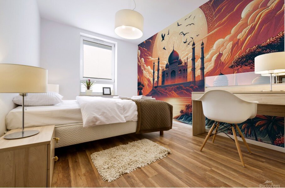 Mystical Sunset: A Majestic Palace Amidst Natures Beauty Mural print