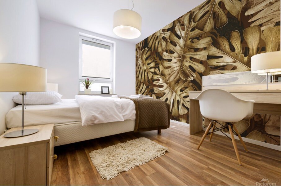 a golden monstera leaf pattern Mural print