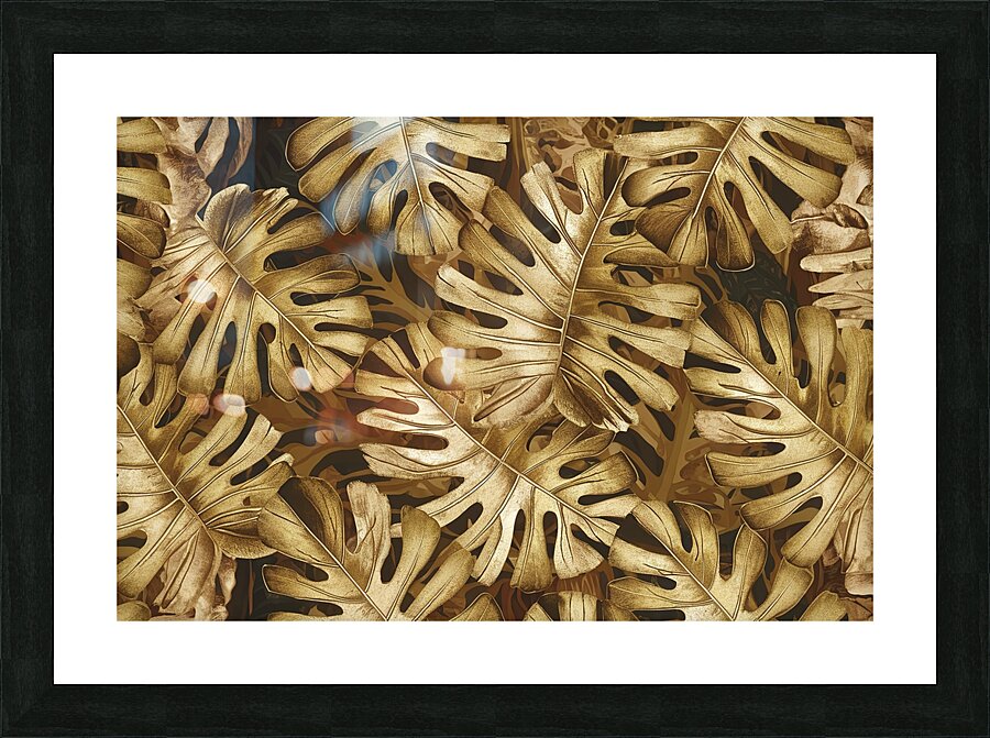 a golden monstera leaf pattern Picture Frame print