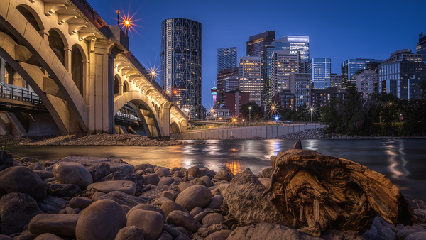 Calgary Skyline Wall Art | Riverbank and Urban Glow at Dusk Digital Download