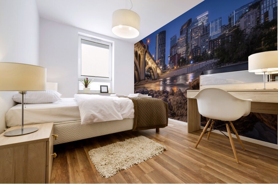 Calgary Skyline Wall Art | Riverbank and Urban Glow at Dusk Mural print