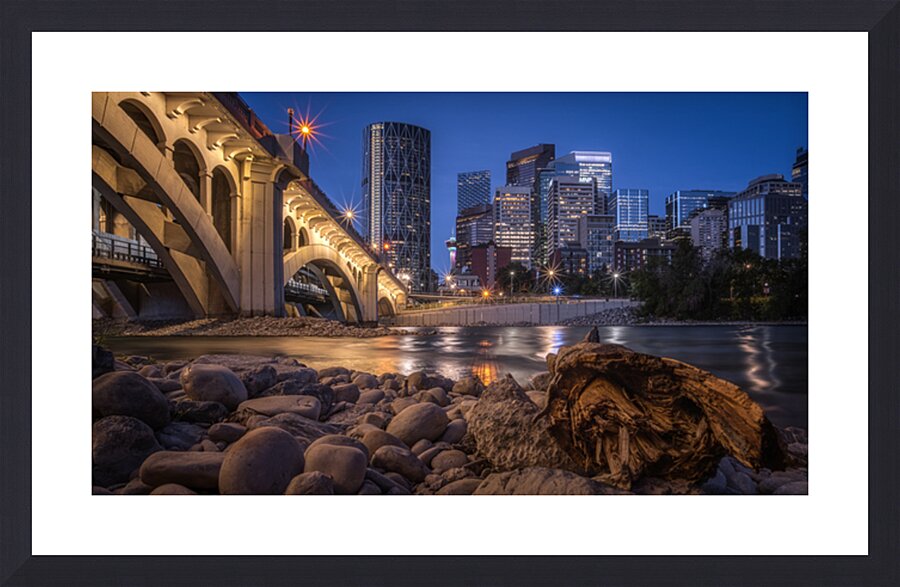 Calgary Skyline Wall Art | Riverbank and Urban Glow at Dusk Picture Frame print