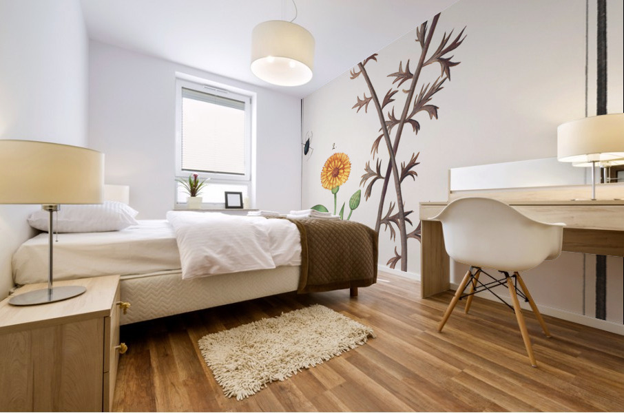 Pink flower and marigold in vintage style Mural print