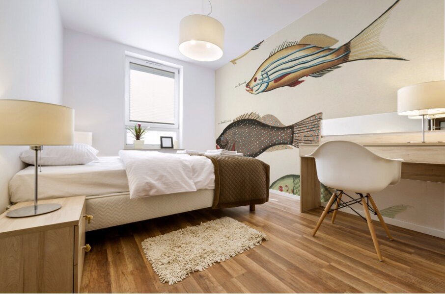 Colourful and surreal illustrations of fishes found in Moluccas Indonesia and the East Indies by Louis Renard 1678 -1746 from Histoire naturelle des plus rares curiositez de la mer des Indes 1754. Mural print