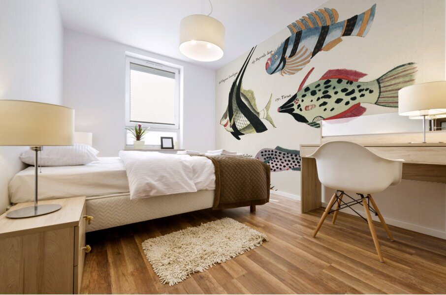 Colourful and surreal illustrations of fishes found in Moluccas Indonesia and the East Indies by Louis Renard 1678 -1746 from Histoire naturelle des plus rares curiositez de la mer des Indes 1754. Mural print