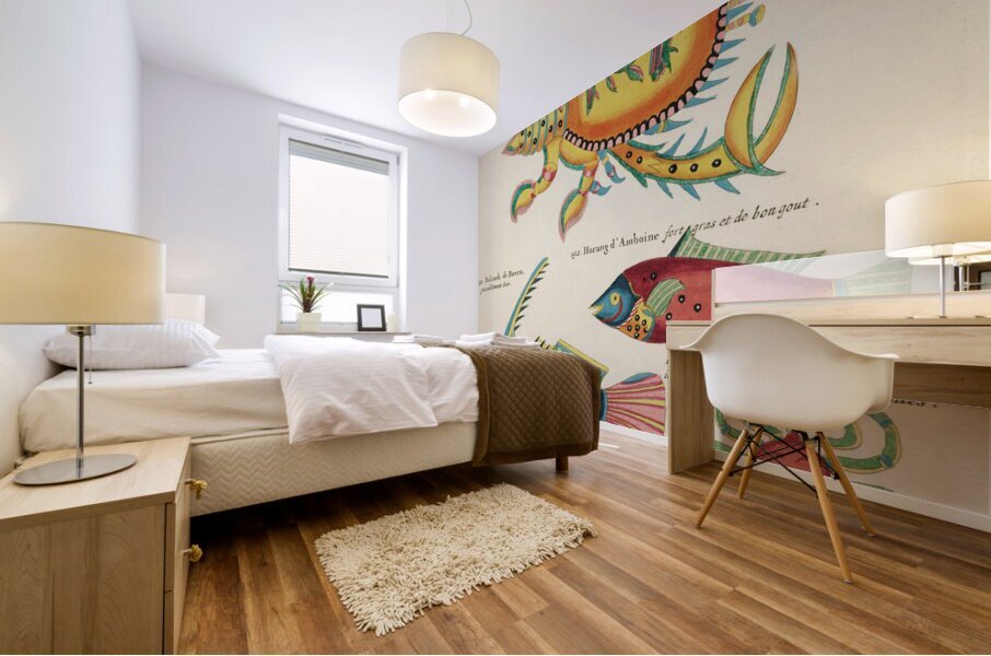 Colourful and surreal illustrations of fishes and lobster found in Moluccas Indonesia and the East Indies by Louis Renard 1678 -1746 from Histoire naturelle des plus rares curiositez de la mer des Indes 1754. Mural print