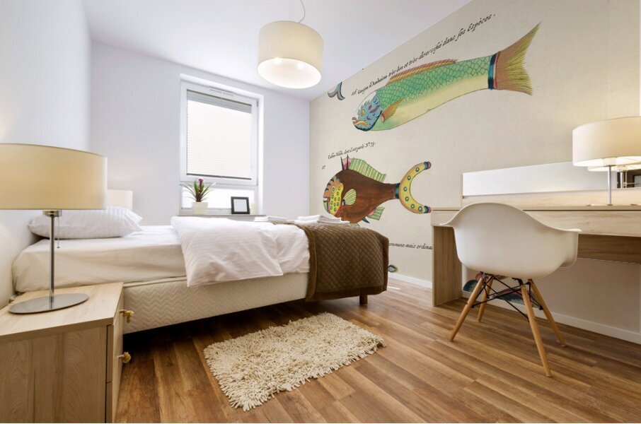 Colourful and surreal illustrations of fishes and other marine life found in Moluccas Indonesia and the East Indies by Louis Renard 1678 -1746 from Histoire naturelle des plus rares curiositez de la mer des Indes 1754. Mural print