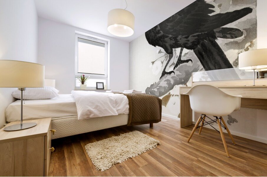 A crow and the full moon 1900-1930 by Ohara Koson 1877-1945. Mural print