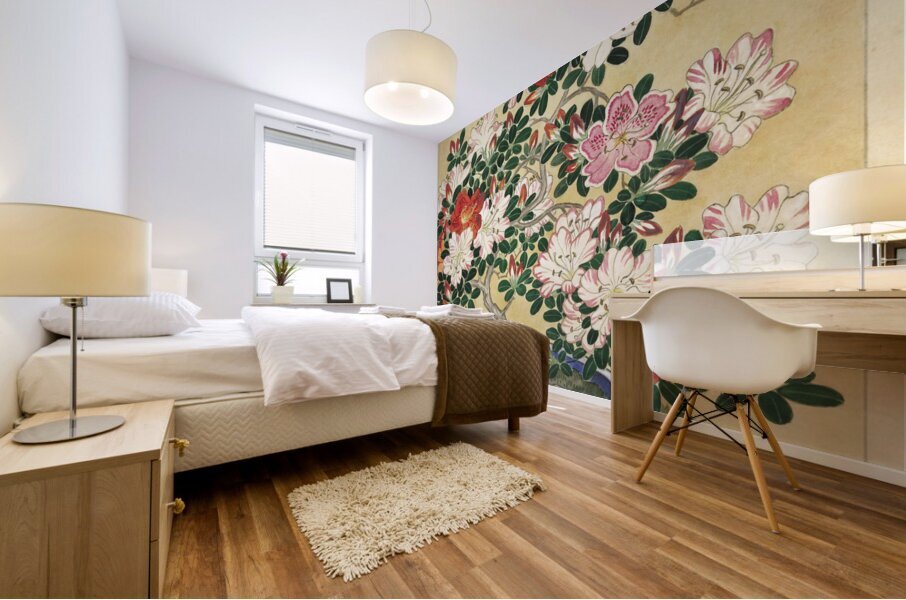 Blooming azalea in blue pot 1920 - 1930 by Ohara Koson 1877-1945. Mural print