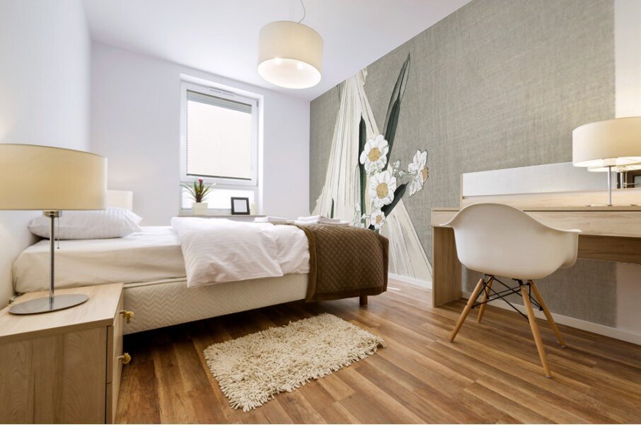 A bird with narcissus flowers and a hay bundle 1900-1930 by Ohara Koson 1877-1945. Mural print