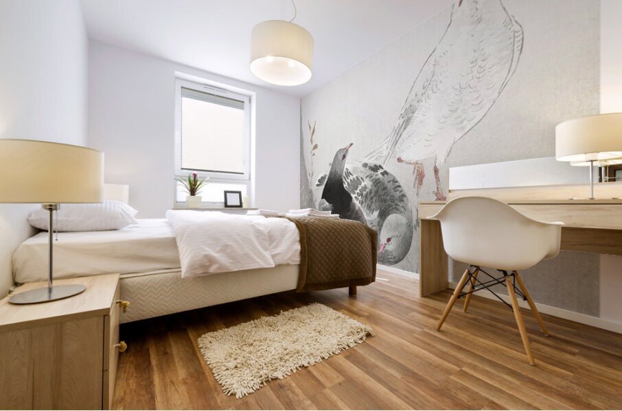 Three pigeons 1900-1930 by Ohara Koson 1877-1945. Mural print