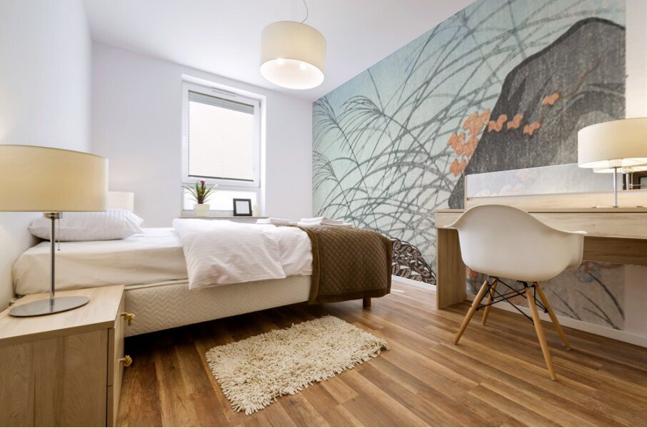 Two quails at full moon 1900 - 1936 by Ohara Koson 1877-1945. Mural print