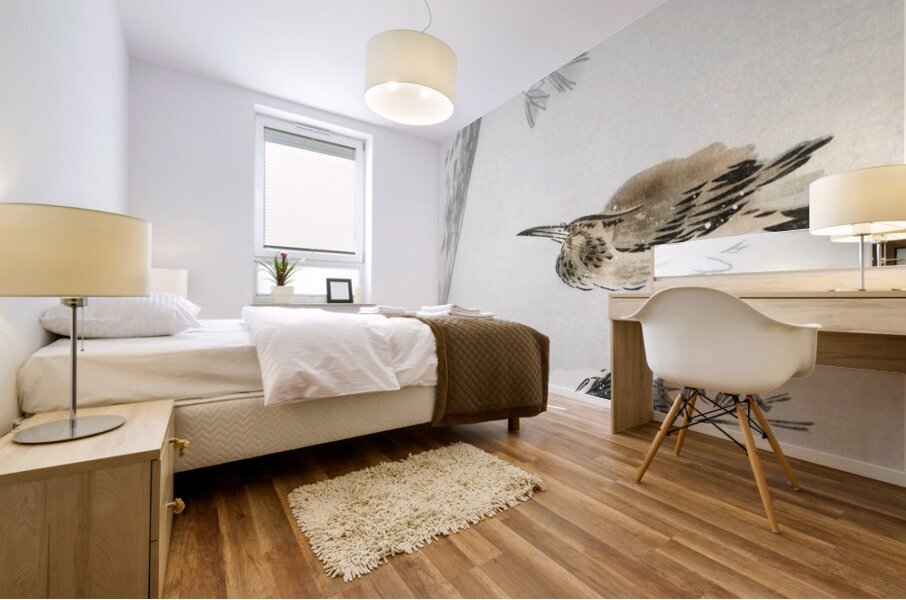 Indian quack on snowy tree branch 1900 - 1930 by Ohara Koson 1877-1945. Mural print