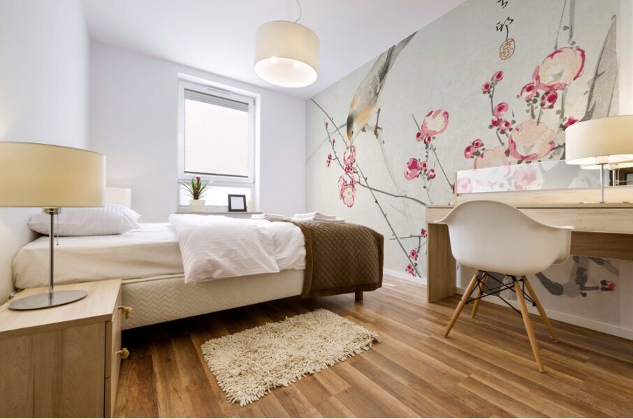 Songbird on blossom branch 1900 - 1936 by Ohara Koson 1877-1945. Mural print